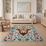 Highland Cow Pink Peony Floral Area Rug