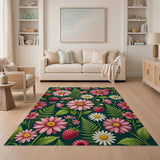 Raspberry Daisy Fern Fruit Pattern Area Rug