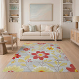 Vibrant Red Yellow Floral on Grey Woven Rug