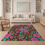 Vibrant Pink Roses Teal Leaves Floral Area Rug