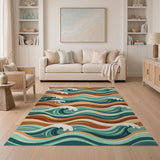 Teal Ocean Waves Coastal Beach Area Rug