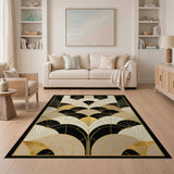 Washable Art Deco Geometric Black and Gold Low Pile Area Rug