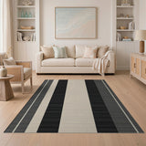 Modern Black Beige Striped Area Rug