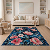 Pink Peony Gold Accent Navy Blue Area Rug