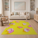 Sunny Yellow Area Rug with Scattered Pink Flowers