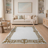 Ornate Gold Floral Frame Gold and Silver Area Rug
