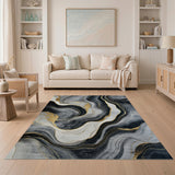 ODIKA Abstract Gold Marble Washable Rug - Modern Black & White Low Pile Area Rug