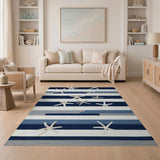 Washable Coastal Starfish Striped Navy Blue Low Pile Area Rug