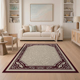 Intricate Ivory Maze Area Rug with Ornate Maroon Border