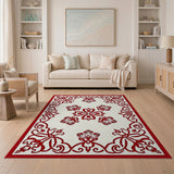 Red Papercut Floral Area Rug with Ornate Border