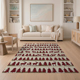 Red Silhouette Deer Pine Forest Area Rug