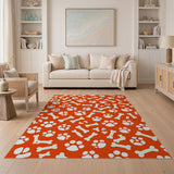 Playful Orange Dog Bones Paw Prints Area Rug