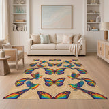 Rainbow Butterfly Bird Beige Area Rug