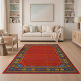 Red Persian Area Rug with Ornate Multi-Color Borders