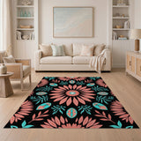 Coral Pink Sunflower Teal Leaf Black Area Rug