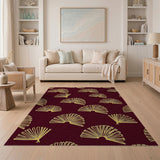 Gold Fan Motif Area Rug on Deep Maroon