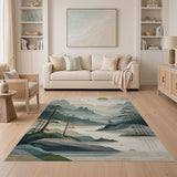 Misty Teal Mountains Pine Landscape Area Rug