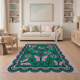 Whimsical Pink Butterflies Floral Green Rug