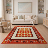Red Plaid Southwestern Rug with Tribal Border