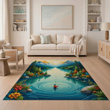 Sunset Mountain Lake Fishing Scene Area Rug