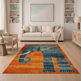 Tribal Blue Elephant Area Rug on Fiery Orange