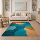 ODIKA Washable Abstract Wave Area Rug - Teal & Burnt Orange Mid-Century Modern Low Pile Non-Slip Rug