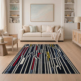 Bold Geometric Stripe Area Rug in Black with Red Yellow