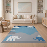 ODIKA Blue Elephant Starry Night Washable Nursery Rug, Low Pile Non-Slip Kids Area Rug