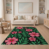 Pink Vibrant Pink Floral Area Rug with Green Leaves