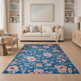 Blue and Teal Navy Blue Pink Peony Floral Area Rug