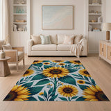 Vibrant Yellow Sunflower Teal Leaves Area Rug