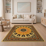 Orange Sunburst Geometric Area Rug with Ornate Border