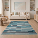 Teal Blue Grey Striped Geometric Area Rug