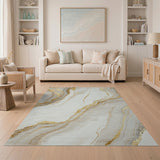 ODIKA Washable Abstract Marble Area Rug - Modern Gold and Cream Low Pile Non-Slip Floor Mat