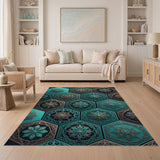 Teal Gold Mandala Hexagon Area Rug