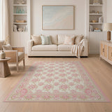 Pink Peony Floral Cream Area Rug