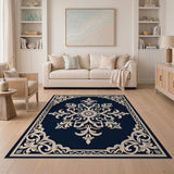 Elegant Navy Ornate Floral Medallion Rug