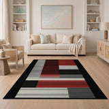 ODIKA Modern Abstract Geometric Red and Black Washable Area Rug - Low Pile & Non-Slip