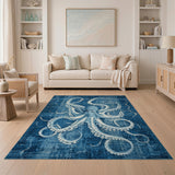 ODIKA Washable Blue Octopus Area Rug - Non-Slip Low Pile Coastal Nautical Rug