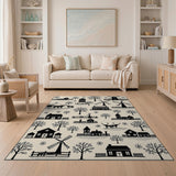 Beige Winter Village Windmill Silhouette Rug