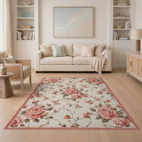 Vintage Pink Rose Floral Area Rug on Cream