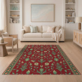 Red Floral Hummingbird Area Rug