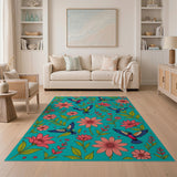 Vibrant Teal Hummingbird Pink Flower Area Rug