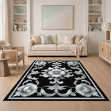 Black White Floral Vintage Floral Vintage Area Rug