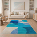 Blue Teal Curved Geometric Area Rug