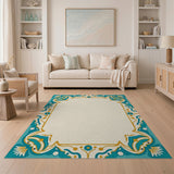 Ornate Teal Lotus Border Area Rug