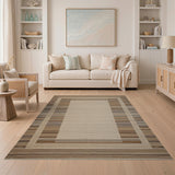 Tan Brown Striped Border Area Rug with Cream Center