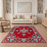Red Traditional Persian Rug with Teal Floral Medallion