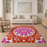 Vibrant Orange Pink Floral Medallion Rug