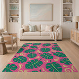 Pink Monstera Leaves with Tribal Swirls Area Rug